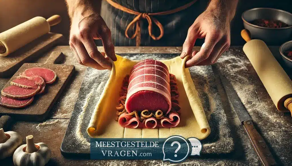 Beef Wellington de in prosciutto en duxelles gewikkelde ossenhaas wordt in het midden van een uitgerold vel bladerdeeg geplaatst