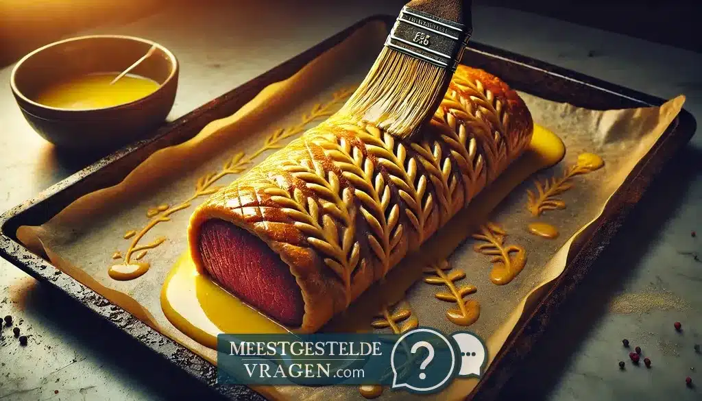 Beef Wellington de met bladerdeeg ingepakte ossenhaas op een bakplaat volledig bedekt met een laagje eidooier en voorzien van decoratieve patronen