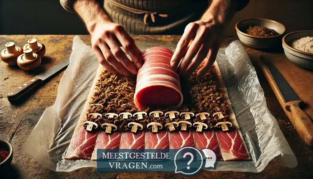 Beef Wellington de ossenhaas ligt in het midden van een basis van prosciutto en duxelles klaar om strak ingepakt te worden