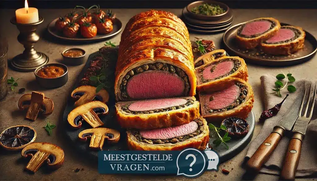 Beef Wellington prachtig gesneden zodat de lagen van medium-rare beef champignonduxelles en goudbruin bladerdeeg goed zichtbaar zijn