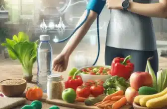 Een hand meet de bloeddruk met groenten, fruit, en fitnessartikelen op tafel, wat een gezonde levensstijl benadrukt.