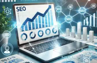Visualisatie van SEO linkbuilding strategieën, met een laptop, SEO-analyses en iconen die gastbloggen, backlinks, interne links en infographics vertegenwoordigen.